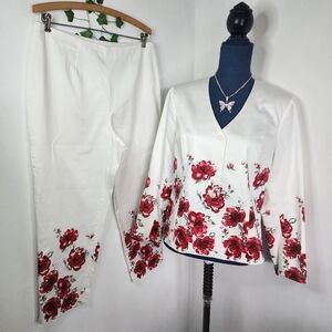 Victor Costa Occasion White with Red Flower Floral Design Jacket and Pant Suit